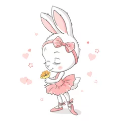 Papier Peint photo Animaux mignons Illustration vectorielle d& 39 une jolie ballerine de lapin de bébé dans un tutu rose avec une fleur jaune.