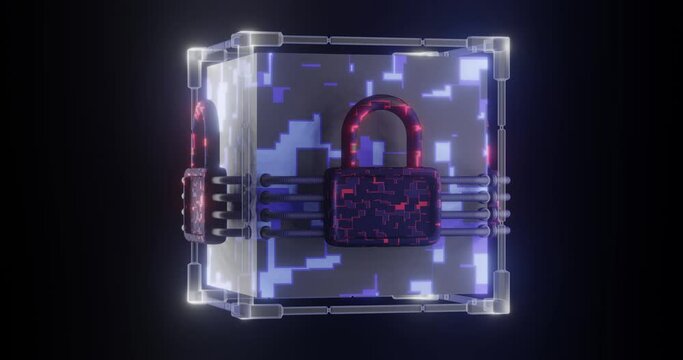 Rotating neon cyber cube with a lock and connected cables. Kuber safety concept. 3d render.