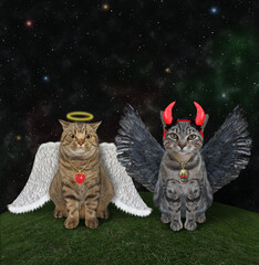 A beige cat angel and a gray cat devil are sitting the on lawn together at night.
