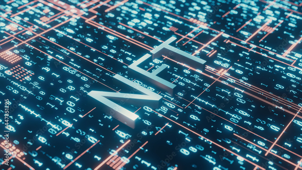 Aufkleber 3d rendering of non-fungible token (nft) text on binary and abstract digital data background. concep