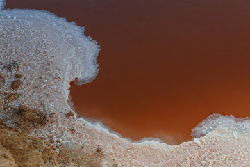Crystallized salt at the edges of the salt water pond on the salt lake Chott el Jerid