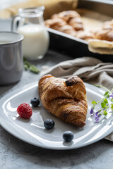 Croissant on the plate with berries, milk jar, cup and other brioches on the backing sheet