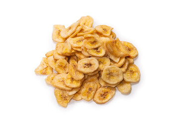 Banana chips isolated on a white background. Dehydrated banana.