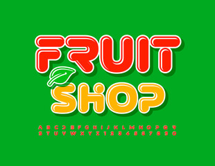 Naklejka premium Vector business sign Fruit Shop with Decorative Leaf. Red shiny Font. Abstract Alphabet Letters and Numbers set