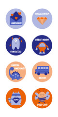 School insignia that teachers can use. Award stickers of cute symbols and motivational slogans for pupils, kids.