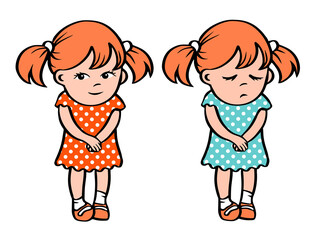 Little sad and smile girls in a dress. Stands with an unhappy and happy face. Guilt. Vector cartoon isolated illustration hand drawn