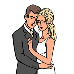 Portrait of the bride and groom. Beautiful newlywed couple. Template for decorating wedding cards and invitations. Vector isolated illustration outline