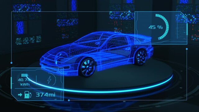 wireframe model of a generic sport car with a futuristic interface, concept of electric car (3d render)