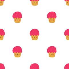 Cute cupcake, a hand-drawn seamless pattern with a cake and doodles for fabric, wrapping paper, decor, congratulations. Children's vector illustration