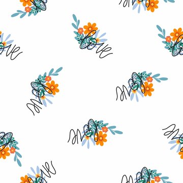 Cute seamless pattern, plants, flowers, branches and handwritten lettering Love. For decoration, application on fabric or wrapping paper. Vector illustration