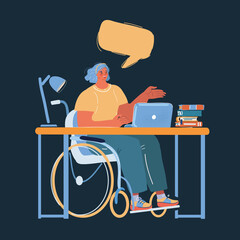 Vector illustration of woman in wheelchair work at desk. Office or home working people