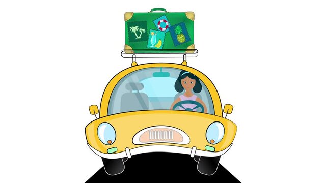 The girl is traveling by car. Animation on a white background