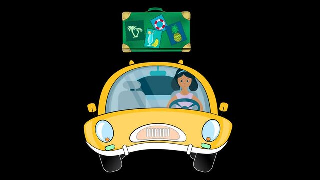 The girl is traveling by car. Animation on a transparent background.