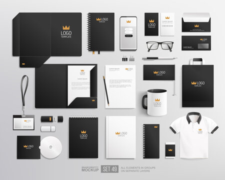 Realistic office stationary with black design Corporate identity mockup set. Black and white corporate Identity Branding Mock-up set with crown logo. Office items and objects mockups