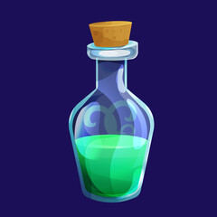 Magic Bottle with liquid potion elixir lab game icon in cartoon style isolated on white background. Glass jar, spooky wizard, alchemy asset