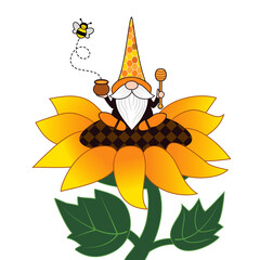 Funny bee and cute summer gnome with a wooden spoon and honey pot sitting on a sunflower. Isolated vector illustration in cartoon style. Garden decor..
