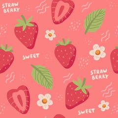 Strawberry hand drawn seamless pattern. Cute colorful strawberries with flowers and leaves in doodle style, vector illustration