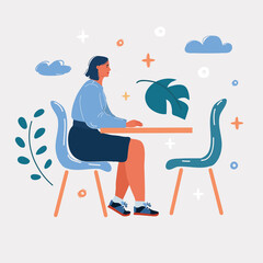Vector illustration of Girl sit at table alone