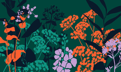 Floral illustration. Hand drawn colorful vector background. Summer night in a forest. Plant silhouettes.