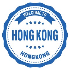 WELCOME TO HONG KONG - HONG KONG, words written on blue stamp
