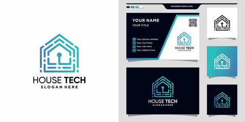 Creative house technology logo with unique linear style and business card design Premium vector