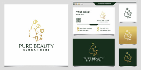 Fototapeta na wymiar Simple and elegant pure beauty and woman face logo with golden rose flower in linear style and business card design Premium Vector