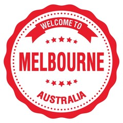 WELCOME TO MELBOURNE - AUSTRALIA, words written on red stamp