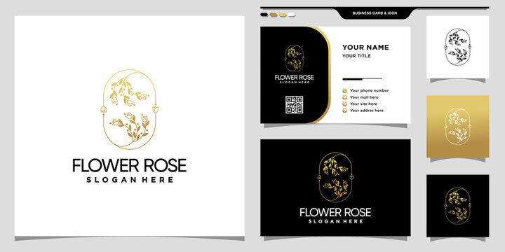 Elegant flower rose logo with golden line art style and business card design Premium Vector