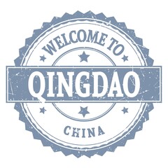 WELCOME TO QINGDAO - CHINA, words written on gray stamp