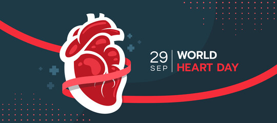 Obraz premium world heart day - red ribbon roll around human heart sign on dark blue background vector design