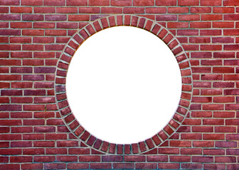 brick wall background with round window opening and blank space for text