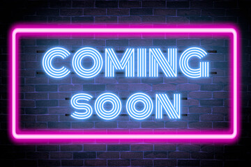 Coming Soon Neon sign banner, shining light signboard collection.