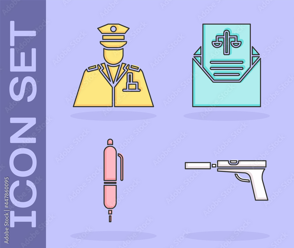 Poster set pistol or gun with silencer, police officer, pen and subpoena icon. vector