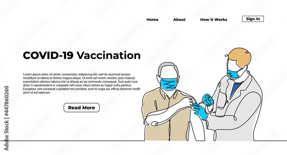 Aufkleber one continuous line of a doctor injecting vaccine to a man for landing page. vaccination background 