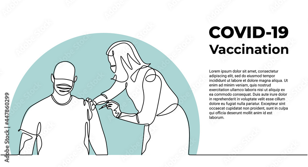 Poster one continuous line of a female doctor injecting vaccine to a man isolated on white background for w