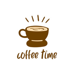 Coffee shop poster with cup and coffee time words isolated on background.
