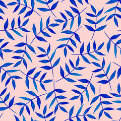 Simple blue leaves on a delicate pink background. Seamless floral pattern. Watercolor illustration. For textiles, packaging.