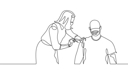 One continuous line of a female doctor injecting vaccine to a man isolated on white background.