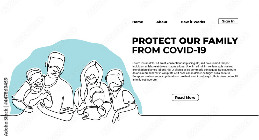 Poster one continuous line of protect family for web landing page isolated on white background.
