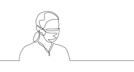 One continuous line of woman using surgical mask preventing covid 19 isolated on white background.