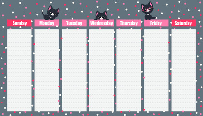 Weekly planner template with cute kittens/cats. Ready to fill in schedule. Cute student vector planner.