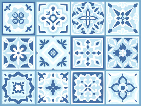 Pottery majolica tiles. Mexican talavera, portuguese, moroccan decor. Mediterranean Italian Ceramic art, Spanish geometric print for floor, kitchen, textile. Design of ornaments.  