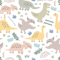 Seamless pattern of cute dinosaurs and floral isolated on white background.