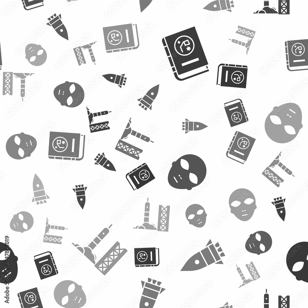 Poster set book by astronomy, rocket ship, alien and rocket launch from the spaceport on seamless pattern. 