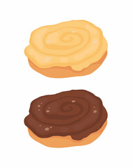 Buns with icing and cinnamon. Chocolate and vanilla icing. Full-color vector illustration on a white background.