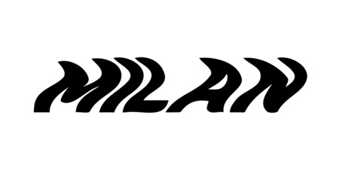 Milan typography text or slogan with wavy letters. T-shirt graphic with ripple or glitch effect. Abstract print, banner, poster, emblem design. Vector illustration.