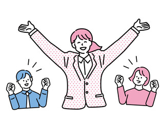 バンザイをする女性のイラスト(合格、内定、就活、卒業、昇進、おめでとう、お祝い、応援、ガッツポーズ、ステップアップ) Passing, job hunting, achievements, promotion, congratulations, congratulations, happy, guts pose, step-up