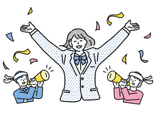 バンザイをする女性のイラスト(合格、内定、就活、卒業、昇進、おめでとう、お祝い、応援、ガッツポーズ、ステップアップ) Passing, job hunting, achievements, promotion, congratulations, congratulations, happy, guts pose, step-up
