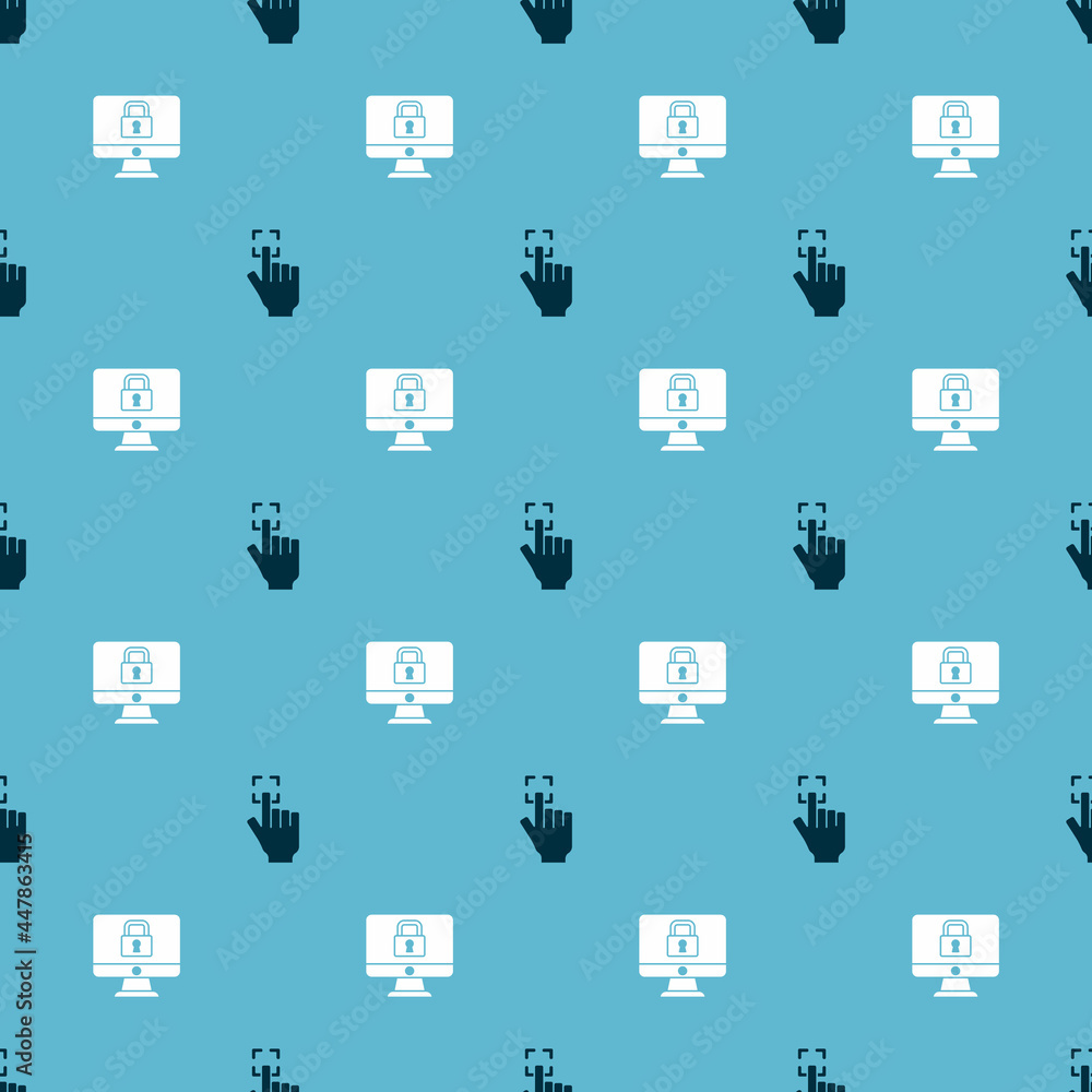Poster set fingerprint and lock on monitor on seamless pattern. vector