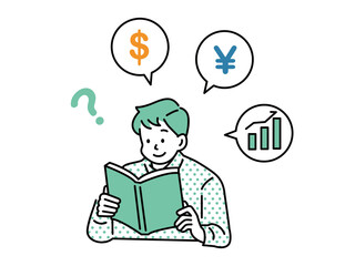 お金に関わる勉強のイラスト(税金、節税、株、投資、積立、年金、貯金、資産、将来、FX、ビットコイン) Study illustrations related to money . tax, tax saving, stocks, investment, savings, assets, future, FX, bitcoin